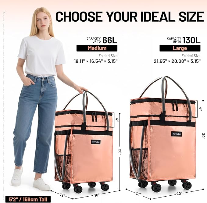 (Medium) Fanwoli Reusable Grocery Bag on Wheels with Upgraded Wrinkle-Resistant Fabric | Enhanced Stability Wheels & Extended Handle | Foldable Shopping Trolley for Laundry, Carries Up to 66 L