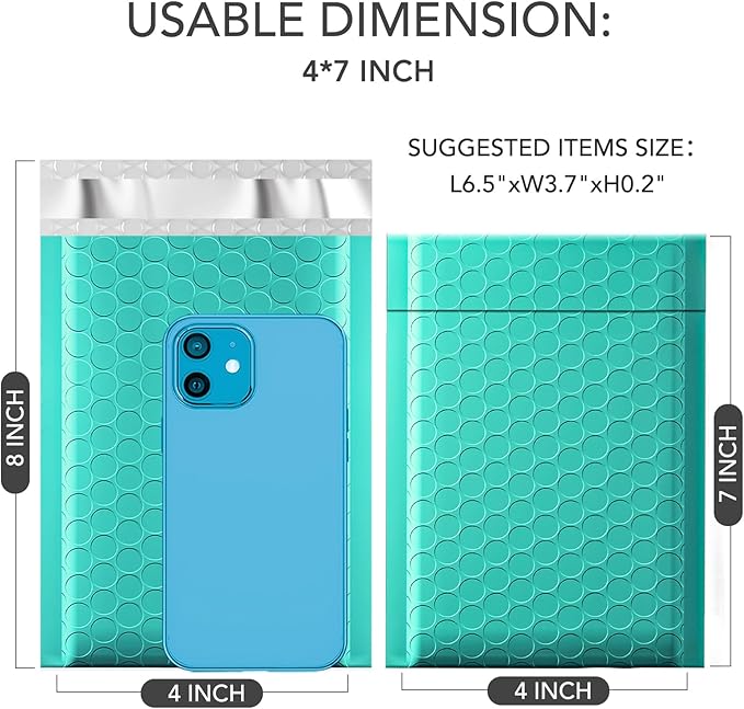 GSSSUSA Bubble Mailers 4x8 Inch 100 Pack Padded Envelopes Usable Size 4x7 Inch Shipping Envelopes Self Seal Small Packaging Shipping Bags for Mailing Jewelry, Small Business, Teal