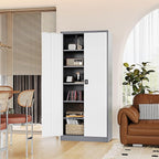 Metal Storage Cabinet-71” Tall Steel File Cabinets with Lockable Doors and Adjustable Shelves-Gray&White Steel Storage Cabinet for Home,Kitchen, School, Office, Garage