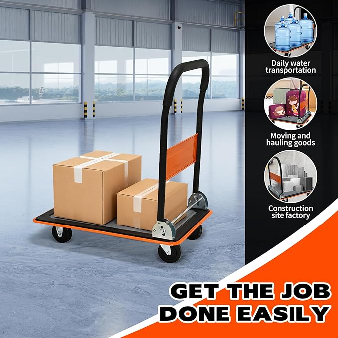 Orange Folding Platform Hand Truck 330 lbs Capacity, Heavy Duty Steel Flatbed Dolly with 360° Silent Wheels, Foldable Push Cart for Warehouse, Home, and Office Use
