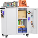 Garage Storage Cabinet with Wheels & Pegboard, 34.3" H Locking Metal Storage Cabinet with Doors and Shelf & 4 Hooks for Garage, Home, Workshops, Small Tool Cabinets, Assembly Required, White
