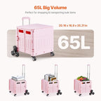 VEVOR Foldable Utility Cart, 65L Collapsible Portable Crate Rolling Cart with Stair Climbing Wheels & 360° Swivel Wheels, Hand Cart with Telescoping Handle for Shopping Office Moving Teacher, Pink