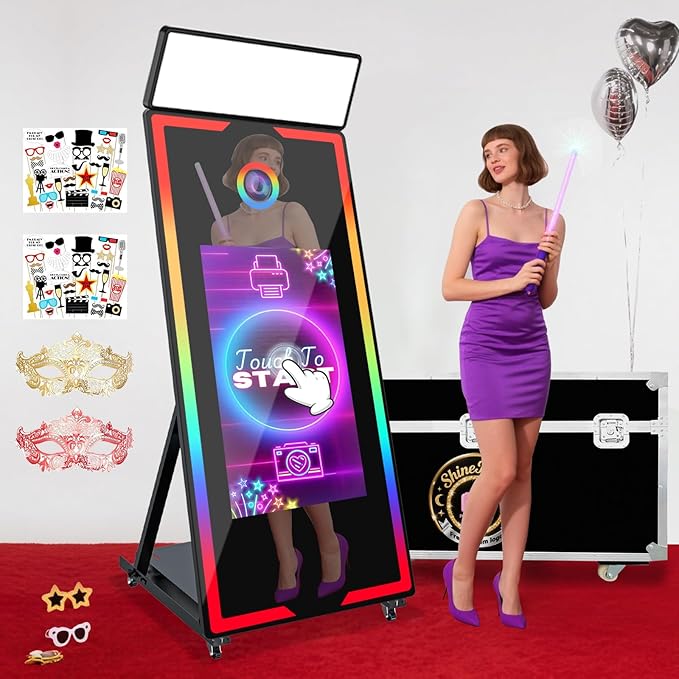 Magic Mirror Photo Booth 65" with 32" Touch Screen Selfie Mirror Photo Booth Machine with Flight Case Remote Control Ring Light for Event Rental Wedding Party (65-32in Black)