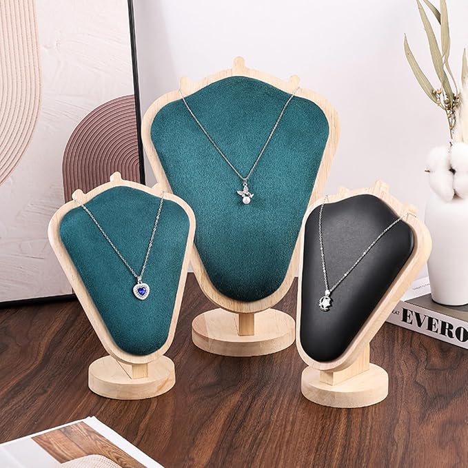 Natural Body Wood Necklace Display Stand with Green Flannelette Soft Mat Necklace Holder Organizer Desktop Stand for Home Store Dresser-4.45"x8.4"x12"