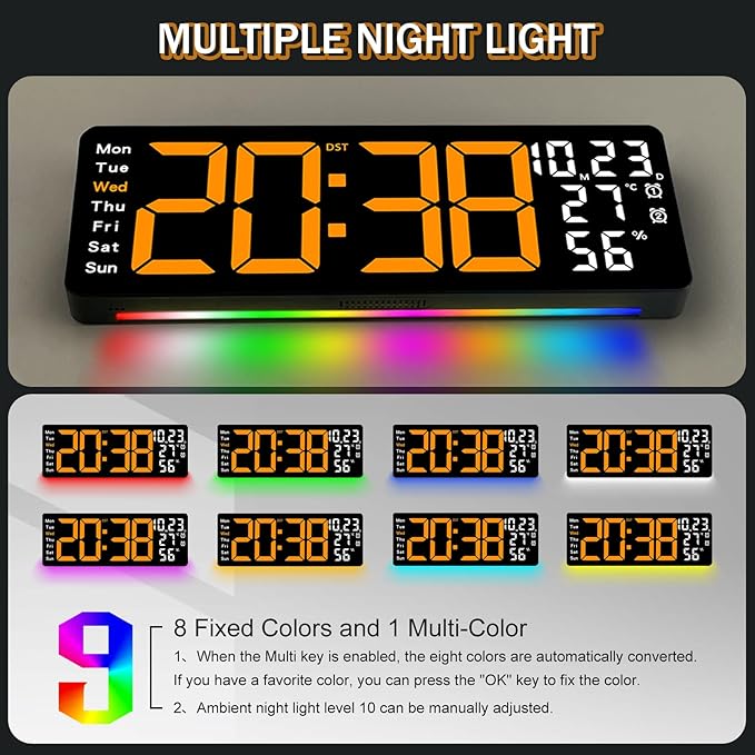 JoFomp 17.3" Large Digital Wall Clock, LED Digital Clock Large Display with Remote Control, Alarm Clock with Temp/DST/Dimmer/Humidity/Timer/Ambient Light - 12/24H, Alarm Wall Clock for Bedroom