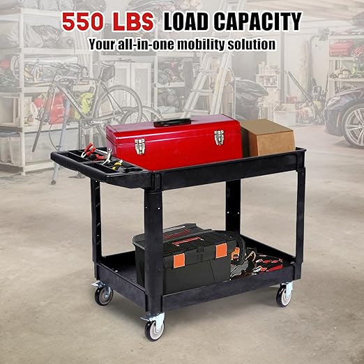 2-Shelf Heavy Duty PP Service Cart with 360° Swivel Wheels, 550LBS Load Capacity, Large Shelf, Storage Handle, Rolling Utility Cart for Warehouse, Garage, Cleaning, Medium Size