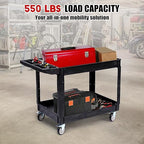 2-Shelf Heavy Duty PP Service Cart with 360° Swivel Wheels, 550LBS Load Capacity, Large Shelf, Storage Handle, Rolling Utility Cart for Warehouse, Garage, Cleaning, Medium Size