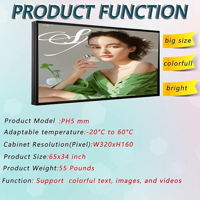 P5 Outdoor LED Sign 65"×34" – Full Color Scrolling Display Board with WiFi/USB Control, 320×160 High Resolution, IP65 Waterproof for Storefront Advertising