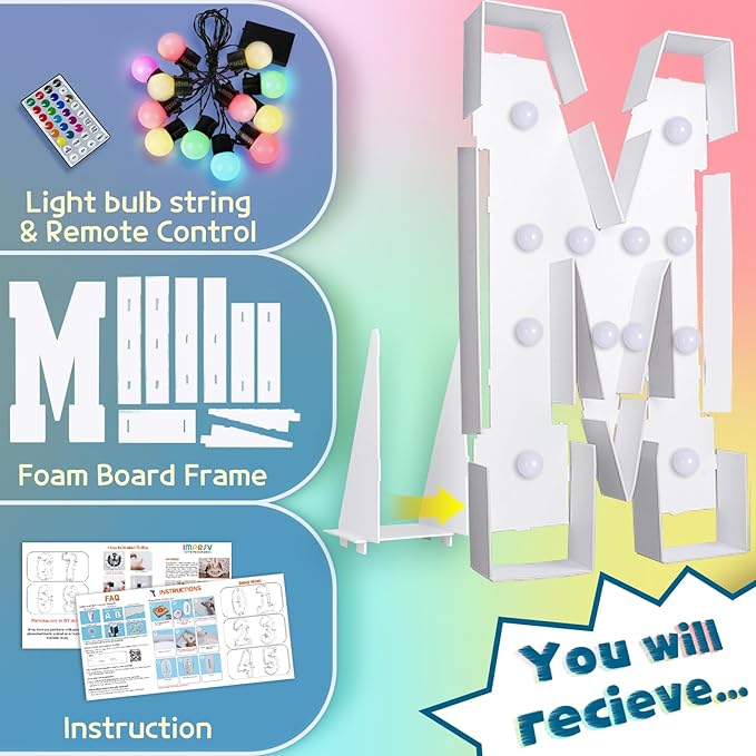 imprsv 4FT Colorful Marquee Letters M, 18 Colors Large Light up Letters Alphabet Sign with Remote, Large Marry Me Sign, Birthday Party Decorations Anniversary Wedding Decoration