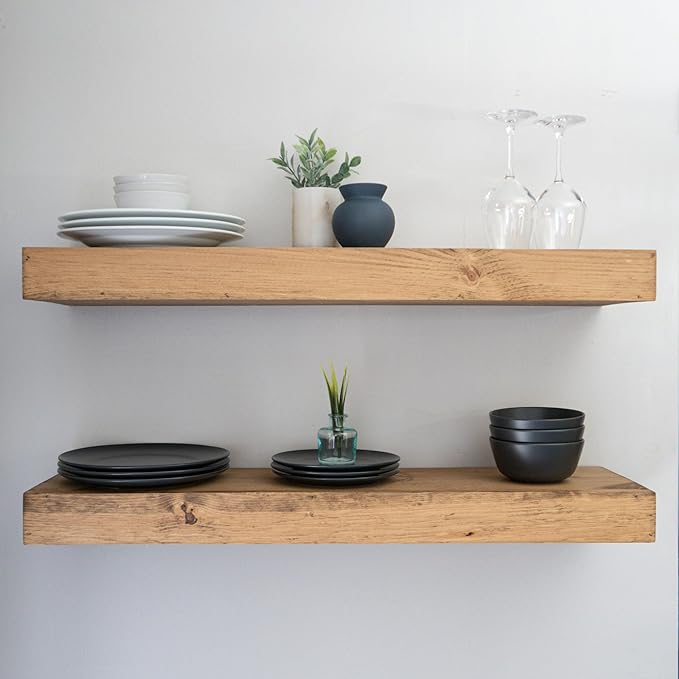 Urbandi Modern Floating Shelves 3 Inches Thick for Wall, Wide Shelves for Kitchen, Living Room, Bedroom, and Bathroom, Natural Pine Wood, Rustic Wooden Shelf, (Set of 2) (Aged Oak, 24Lx3Hx6D)