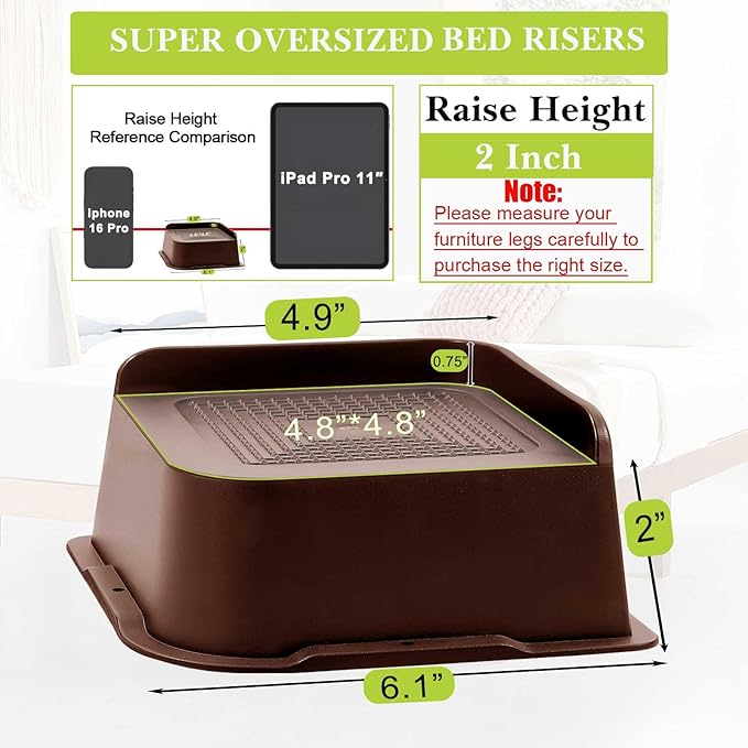 Bed Risers 1 inch, 2 inch, 3 inch, 4 inch, 6 inch, 8 inch Heavy Duty, Oversized Furniture Riser for Couch Sofa Table Chair Leg Frame Dorm, Support up to 6000 Lbs (Chocolat Brown 6 Pack, 2 inch)