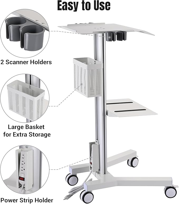 AW Medical Mobile Laptop Cart Rolling PC Stand Ultrasound Imaging Cart Computer Workstation on Wheels with Handle 220 Lbs Capacity CPU Printer Power Strip Holder for Dentistry Clinic Lap Hospital