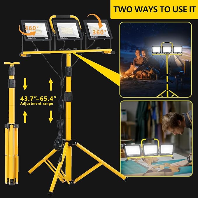 32000LM LED Work Light with Tripod, 3x100W 3-Head Floodlight, Plug-in 120V, 3 CCT 3000K/5000K/6500K, 360° Adjustable, IP66, 43.7-65.4 in, 16.4 ft Cord, Portable Telescoping Stand for Jobsite/Workshop