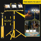 32000LM LED Work Light with Tripod, 3x100W 3-Head Floodlight, Plug-in 120V, 3 CCT 3000K/5000K/6500K, 360° Adjustable, IP66, 43.7-65.4 in, 16.4 ft Cord, Portable Telescoping Stand for Jobsite/Workshop