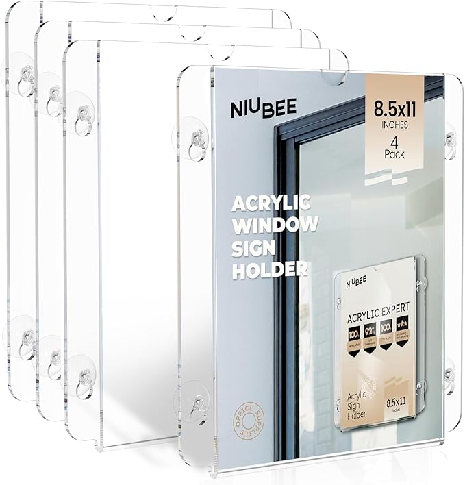 NIUBEE Acrylic Window Sign Holder with Suction Cups 8.5 X 11, Clear Acrylic Frames Glass Door Mount, Displaying Flyers, Notices and Menus, for Office, Store, Home, Restaurant (4 Pack)