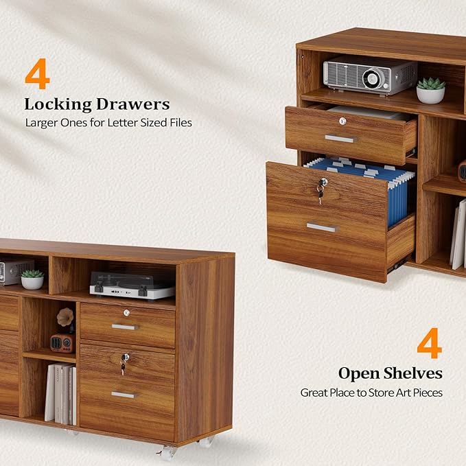 VINGLI Wide 4 Drawer Lockable Rolling File Cabinet with Open Shelves - Walnut Wood Lateral File Cabinet Printer Stand for Home Office, Letter Sized