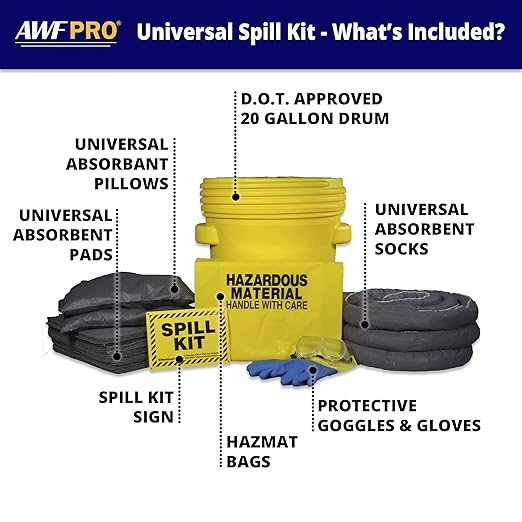 AWF PRO 20 Gallon Universal Spill Kit, 59 Pieces – 20 gal DOT Approved Drum, Socks, Pads & Pillows, & Accessories, Pack of 10