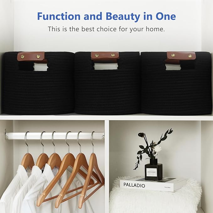 Cotton Rope Basket, Storage Baskets with Handle, 15x10x9 Inch Woven Basket for Shelves, Laundry, Towels, Clothes, Books (Black 2Pack)