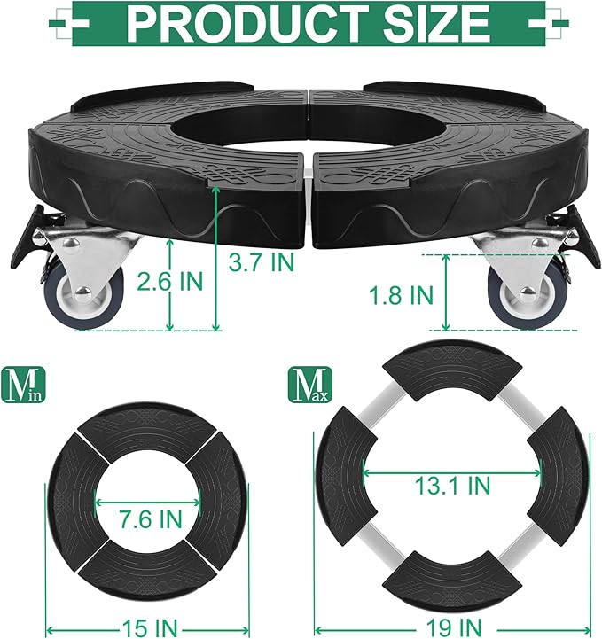 ToLanbbt Trash Can Dolly with Wheels, 15-19 in Adjustable Round Furniture Dolly, Heavy Duty 440 LBS Drum Rolling Base, Keg Dolly for 20, 32, 44, 55 Gallon Garbage Cans, Black, 1 Pack