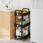 Laiensia 3-Tier Storage Carts,Multifunction Utility Rolling Cart Kitchen Storage Organizer,Mobile Shelving Unit Cart with Lockable Wheels for Bathroom,Laundry,Living Room,With Classified Sticker,Black