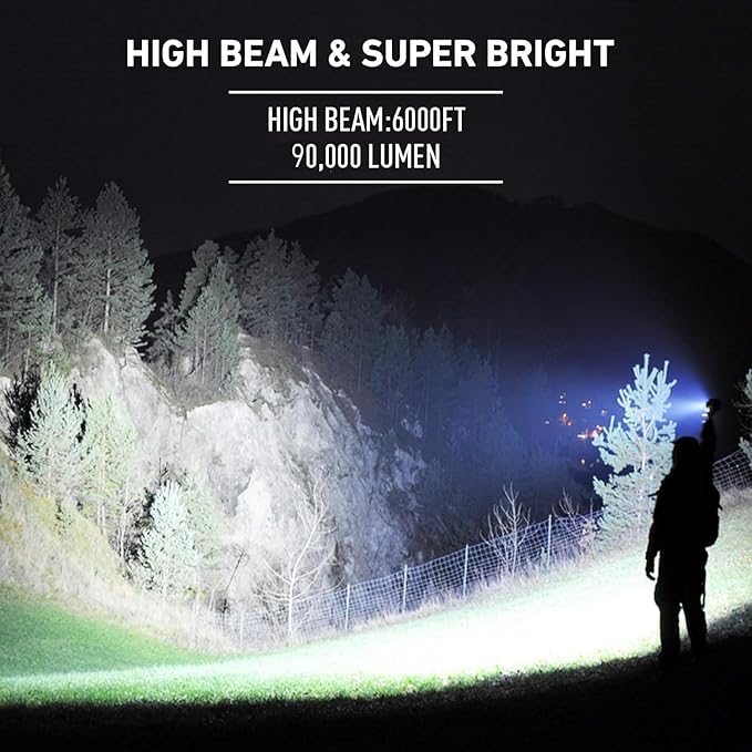 LBE Rechargeable Spotlight Outdoor, 90,000 Lumens Led Spotlight Flashlight with Cob Light and Foldable Tripod, 6 Modes Waterproof Handheld Spot Light for Outdoor Marine Boating Hµnting