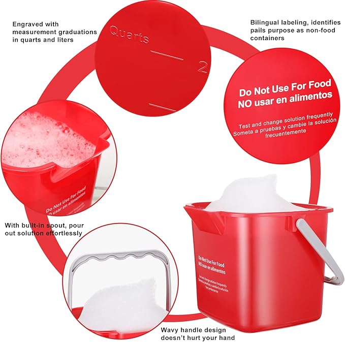 Roshtia 6 Pcs 3 Quart Cleaning Bucket Small Sanitizing Square Bucket Detergent Pail for Home Commercial Restaurant Kitchen Office School (Green, Red)