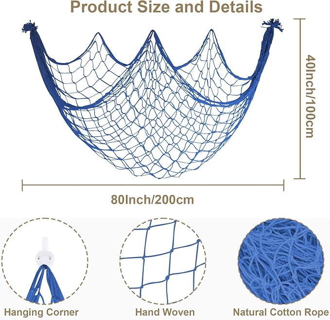 2 Pack Fish Net Decorations, 80x40 Inch Haze Blue Fishing Net Decor for Under The Sea Hawaiian Beach Them Party, 3mm Thick Natural Cotton Versatile Nautical Netting for Party Wall Table Ceiling Decor