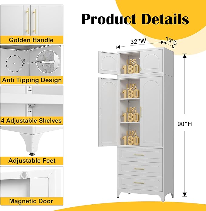 Kitchen Pantry Cabinet，90" Storage Cabinets with Doors and Shelves,Metal Pantry Cabinet with 3 Drawers,White Kitchen Cupboard for Livingroom,Pantry, Bathroom