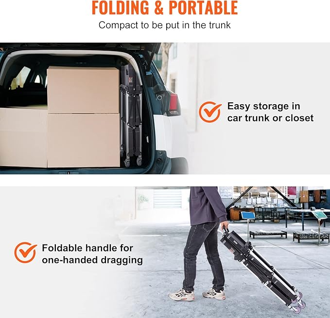 VEVOR Foldable Utility Service Cart, 165LBS 3 Shelf Heavy Duty Plastic Rolling Cart with 360° Swivel Wheels (2 with Brakes), Ergonomic Handle, Portable Garage Tool Cart for Warehouse Office Home