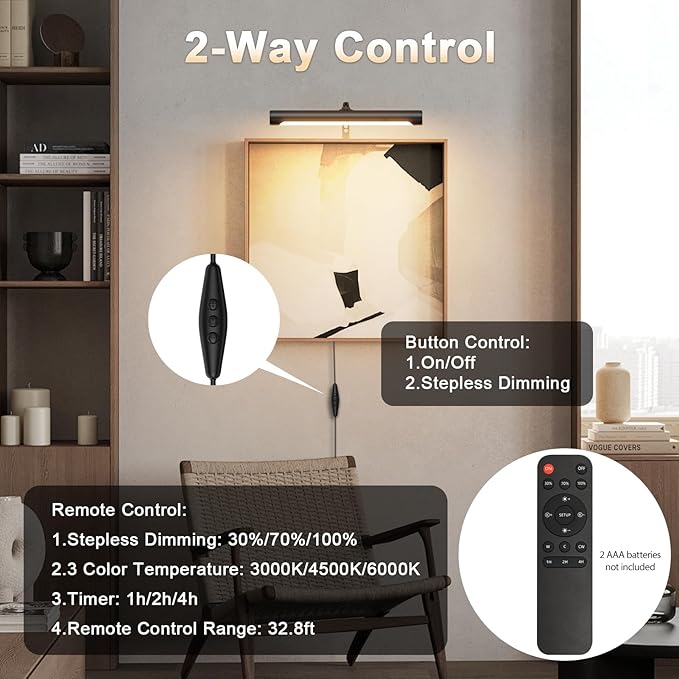 4W Picture Light Plug in, 12" Adjustable LED Art Light with Remote Control, Dimmable Wall Light for Picture Display Dartboard Art Work (Black)