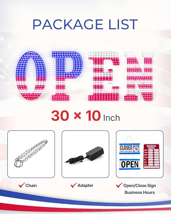 41'' x 15" Large Open Signs for Business, Super Bright LED Open Closed Sign with Hanging Installation, Light Up Sign for Bar Store Restaurant Office Hotel Salon USA Flag