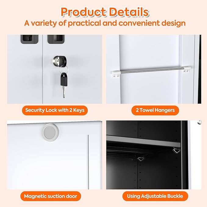 Aobabo Metal Broom Closet Storage Cabinet on Wheels and 2 Lockable Doors, Steel Cleaning Tools Cabinet for Garage with Pegboards and Hooks,Black,Assembly Required