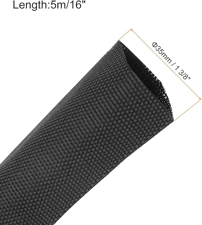 MECCANIXITY Braided Cable Sleeves Heat Shrinkable Fabric Sleeving, 1 3/8" 16ft Black 2:1 Ratio Heat Shrinkable Cord Protector for Harness Cable, Network Cable Protection, Cable Management