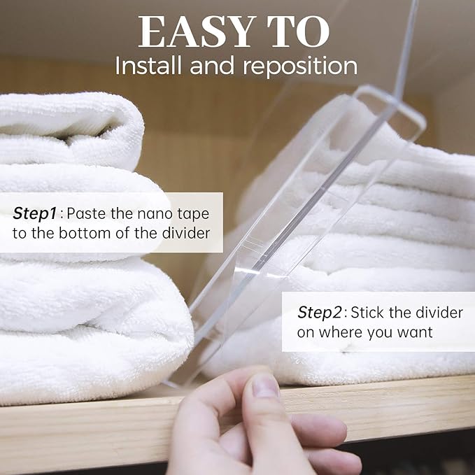 ROUFA Clear Acrylic Shelf Dividers, 8Pcs Closet Dividers Fit for Any Thickness of Shelves, Multi-Purpose Wood Shelf Separators for Bedroom, Kitchen, Office, Bathroom, 11.8''x11''