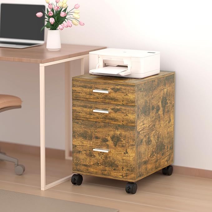 3 Drawer Mobile File Cabinet with Locking Casters,Rustic Brown,Fully Assembled Storage Cabinet with Drawers for Office & Home,18.9" L x 15.75" W x 22.05" H,220 lbs Capacity