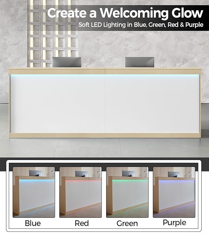 71" Modern Reception Desk with LED Lights, Front Desk Reception Counter with Lockable Drawer, Storage Cabinet & Keyboard Tray for Office, Salon, Checkout (Maple + White)