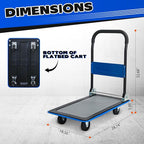Blue Folding Platform Hand Truck 330 lbs Capacity, Heavy Duty Flatbed Dolly with 360° Swivel Silent Wheels, Foldable Steel Push Cart for Warehouse, Office, and Home Storage