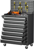 Superday Rolling Tool Chest, 7 Drawer Portable Tool Chest with Wheels, Tool Storage Cabinet with Lock for Garage, Steel Tool Cart with Pegboard & Hooks for Workshop, Warehouse (Black)