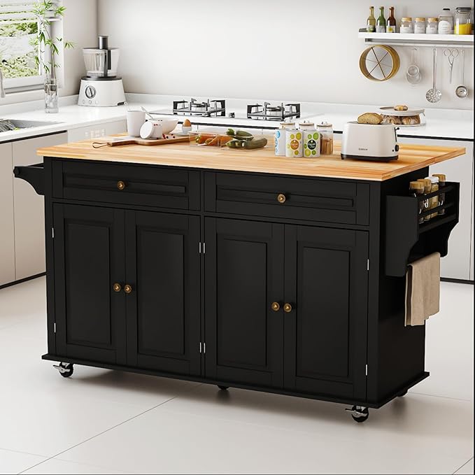 67’’ Movable Kitchen Island with Drop Leaf and Power Outlet, Lockable Sliding Countertop Rolling Island Cart with 2 Large Drawers, Spice, Towel Rack,Black