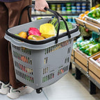 50 L Plastic Shopping Basket with Wheels, 4-Pack Large Rolling Shopping Basket with Handle, Grey