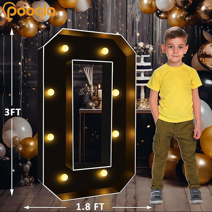 Pooqla 3 FT 4 FT Marquee Light Up Letters, Black Giant Letter Sign Marquee Letter Lights, Big Mosaic Letters Numbers for Balloons Birthday Party Anniversary Wedding Decorations, 3FT Number 0