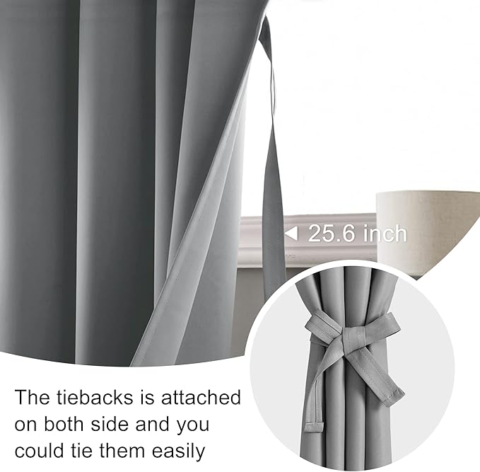 JIUZHEN Blackout Curtains for Bedroom - 60 Inch Extra Wide Thermal Insulated Room Darkening Privacy Soundproof Curtains for Living Room, Set of 2 Panels with Tiebacks, 60 x 84 inches, Light Grey