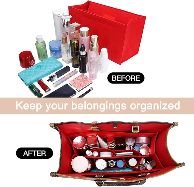 Doxo Purse Organizer Insert,Felt Bag Organizer with Zipper,Tote Organizer Insert Suitable for Lv Onthego GM & D Book Tote Bag Large and More (Red-With Cover)