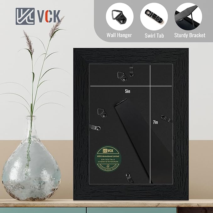 VCK 5x7 Picture Frame Set of 2 - Black, Textured Exclusive Wooden Photo Frames with HD Glass | Matted to 4x6 or 5x7 without Mat | Table Display or Wall Hanging