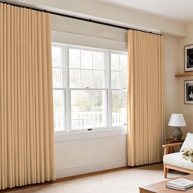Room Divider Blackout Curtains Flexible Sliding Tracks Sets Ceiling Mounted Rod Window Curtain Privacy Separation for Bedroom Living Rooms,1 Panel Khaki Drape and Black Track Set-W144xH96 in