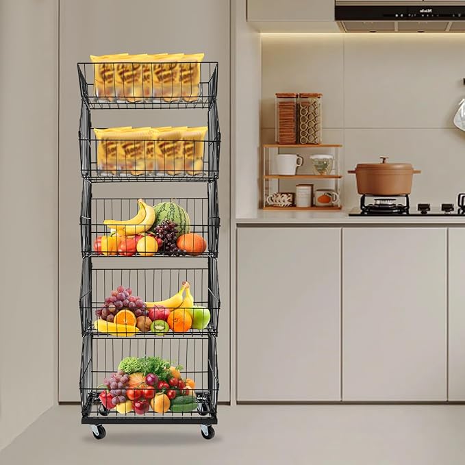 5 Tier Retail Display Rack, Rolling Storage Rack 5 Layers 18.9*17.72*55.12in Metal Display Shelf Fruit Vegetable Snack Basket Storage Supplies for Home Store Market (Black, 48*45*140cm)