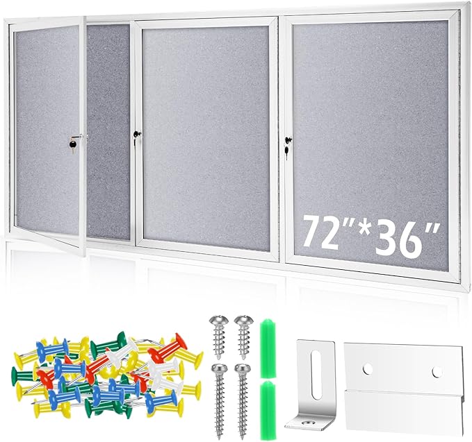 Enclosed Bulletin Board 72" x 36" Weather Resistant Lockable 3 Door Weatherproof Wall Mounted Enclosed Cork Board Aluminum Frame Display Case for Office, School, Commercial, 18xA4(Gray)