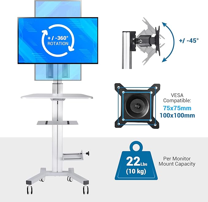 Yescom Mobile Computer Cart Rolling PC Stand Desk Workstation on Wheels with Monitor Mount Adjustable Keyboard Tray CPU Printer Holder for Hospital Clinic School Office Silver