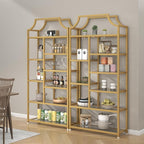 Loomie 8-Open Shelf Bookshelf, 70.87" H x 31.5" L Lux Etagere, Tempered Glass Bookcase, Tall Storage Display Modern Open Book Case for Bedroom, Home Office & Living Room, Gold Finish & Glass Shelving