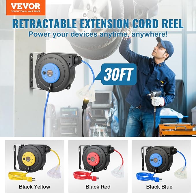 VEVOR 30FT Retractable Extension Cord Reel, 16AWG/3C SJTOW Heavy Duty Power Cord w/Lighted Electrical Triple Tap Outlets, 10A Circuit Breaker, 180° Swivel Bracket for Workshop or Garage, Blue